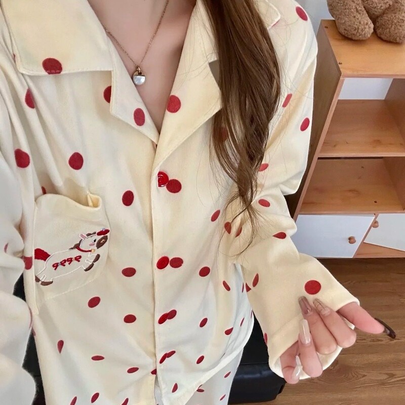 Red Polka Dot Girl's Ins-Style Long-Sleeve Outfit for Women, Suitable for Wearing Outside, Loungewear, Spring and Autumn Pajamas, Long Pants