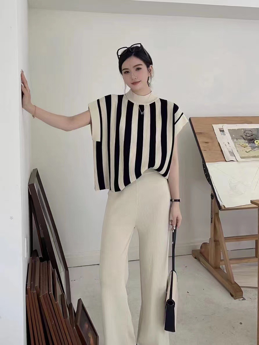 Short Sleeve Sleeve Length Polyester Fabric Type Daily Women's Casual Elegant Stripe Polyester Pant Co-ord Set Pants Sets
