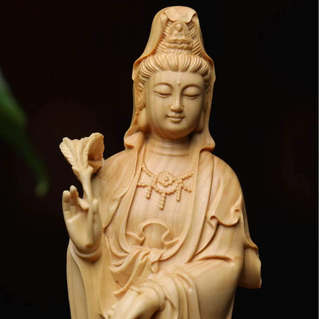 Authentic Chinese Boxwood Yew Wood Carving Dragon Guanyin Figurine, Solid Wood Ornamental Craft