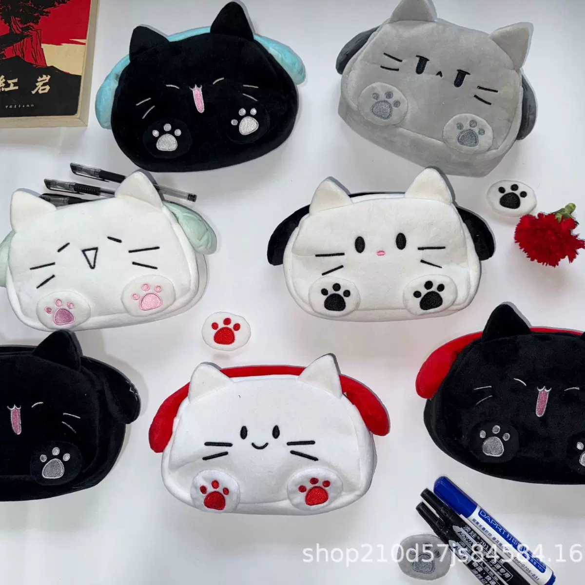 毛绒猫咪耳机笔袋三二班学生大容量文具盒手提包化妆包铅笔盒笔袋