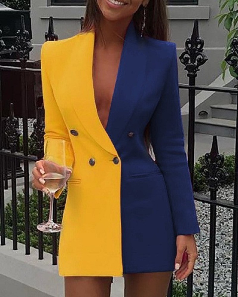 V-neck Cardigan Blazer Professional Wear For Women Patchwork Style_voghion.com