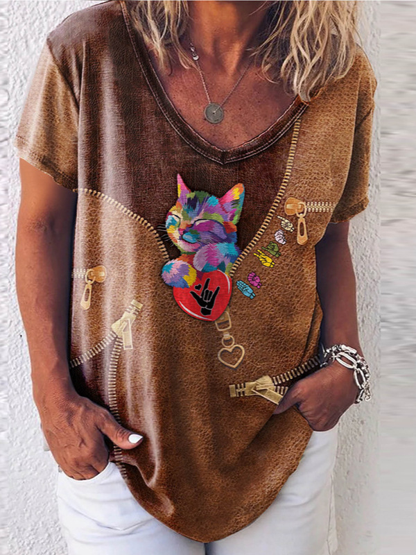 Verano de manga corta, comercio exterior europeo y americano, nuevas mujeres, camiseta con cuello en v de Amazon, manga corta estampada