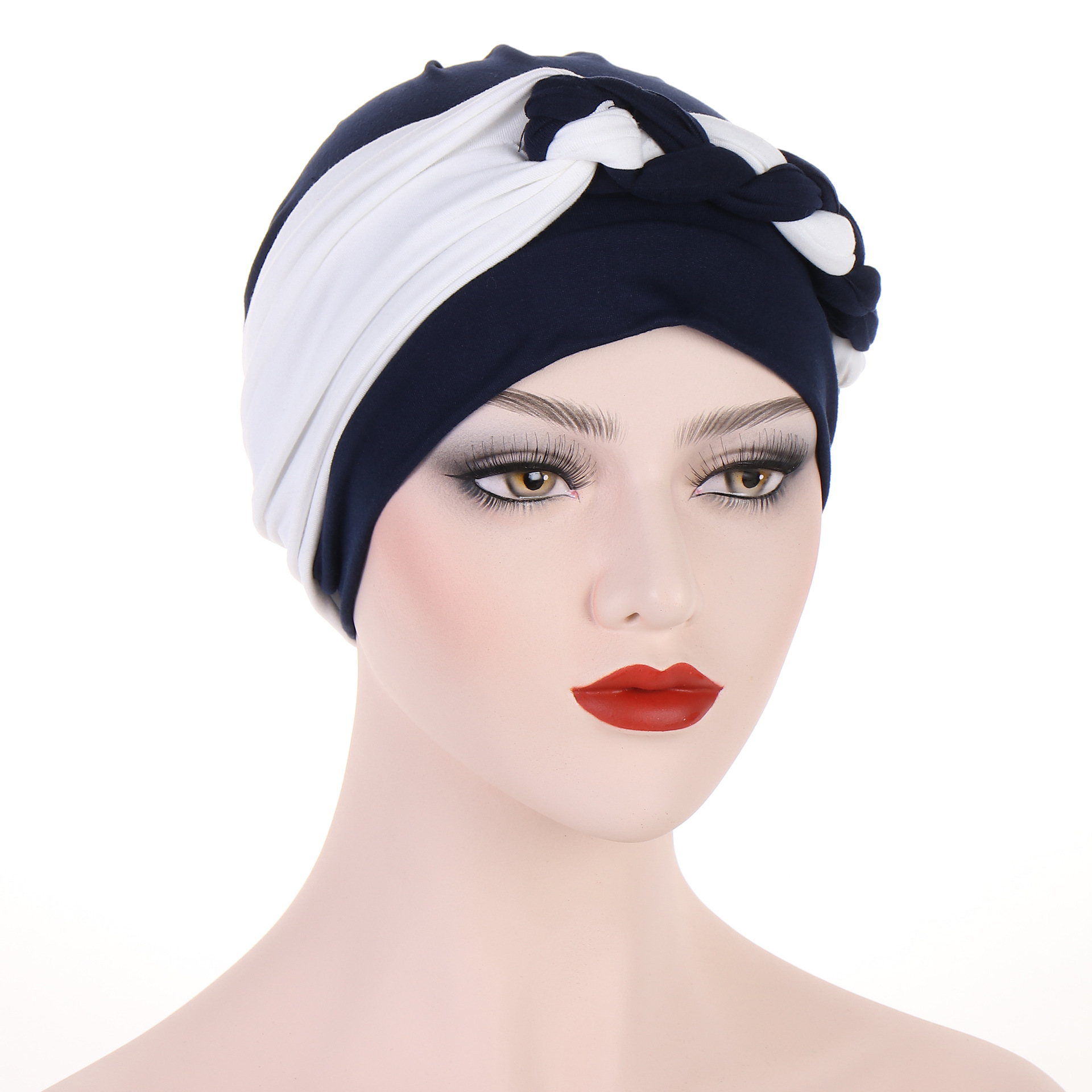 new color-blocked side braid soft turban cap Muslim chemotherapy cap cross-border pullover cap Baotou cap_voghion.com