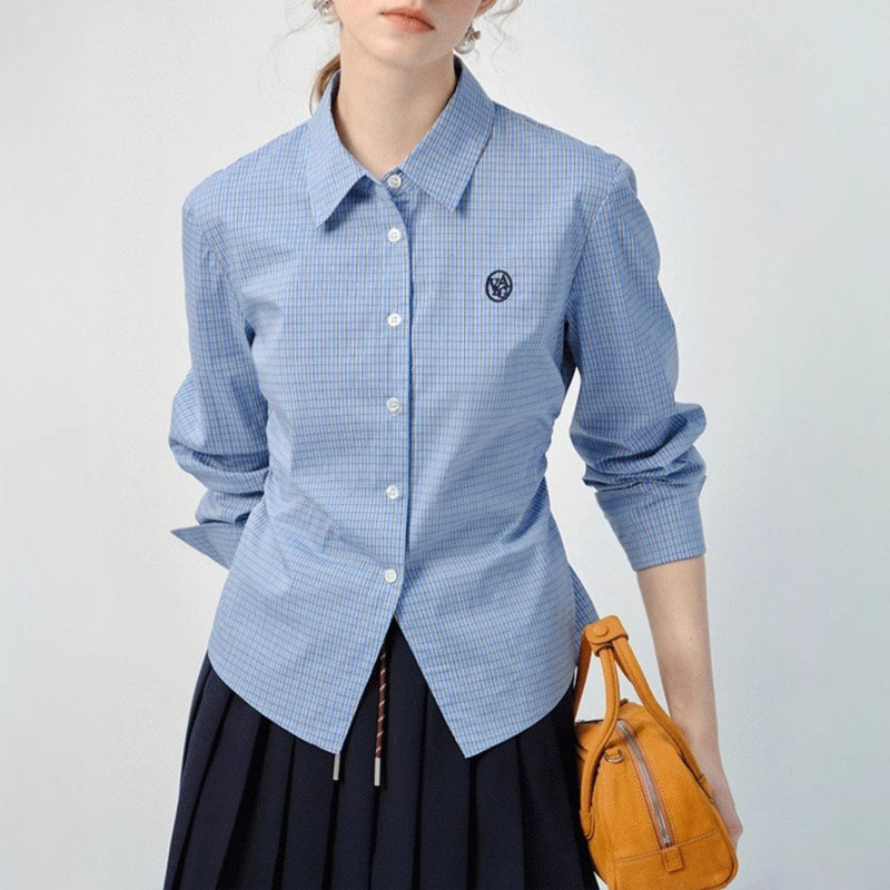 Vega Blue Shirt for Women 2026 Autumn New Style Waist-Cinching French Slim-Fit Long-Sleeved Plaid Top