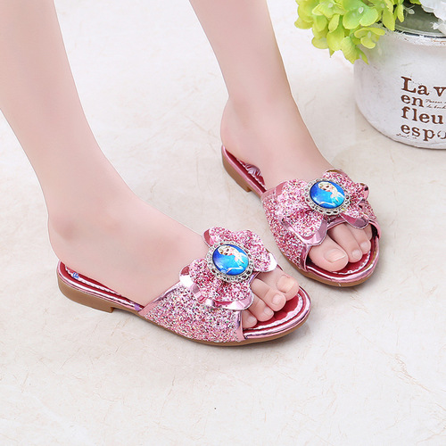 Children's slippers 2024 summer new style girls Elsa Princess Korean version girls' home indoor and outdoor rhinestone flat shoes