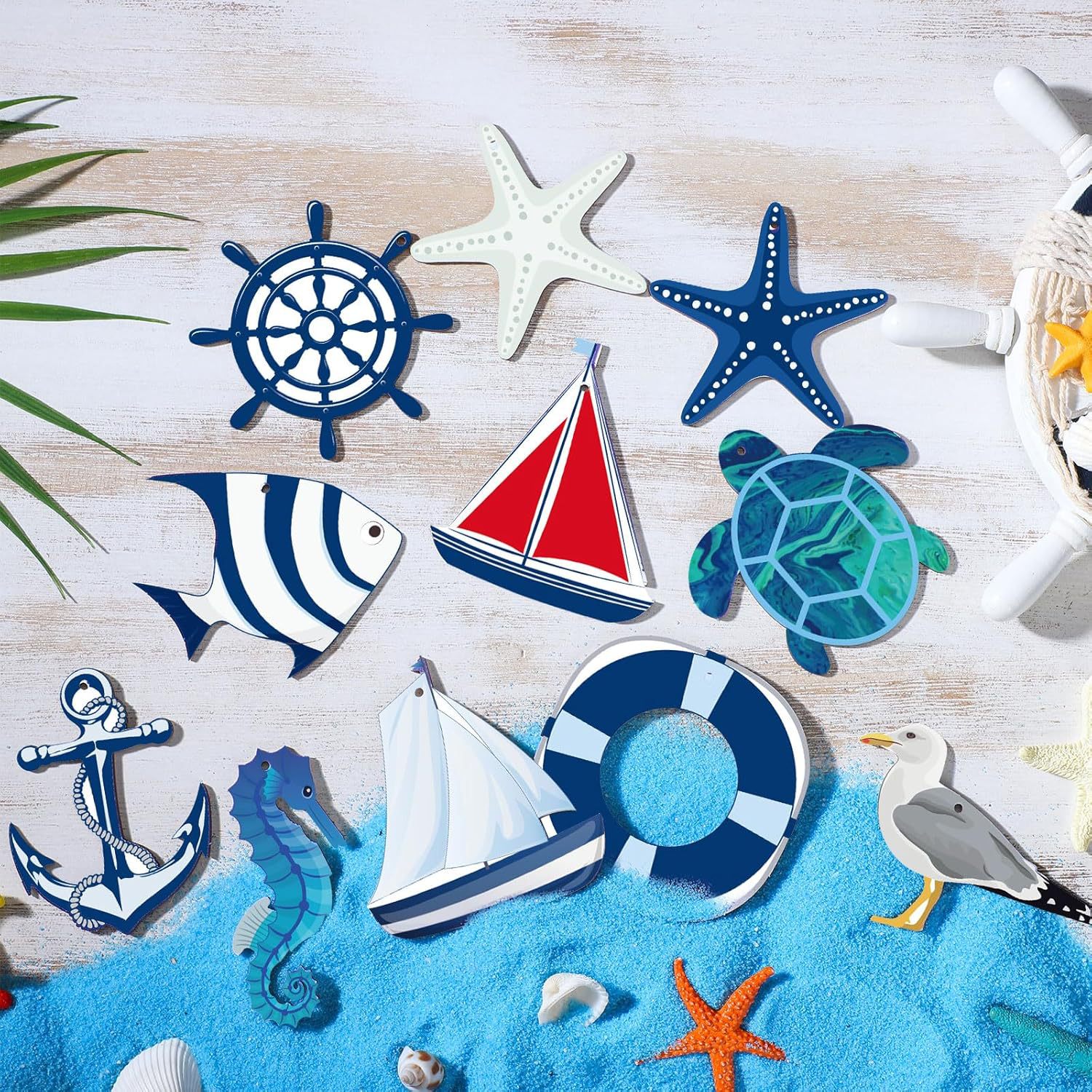 Decoración de madera de verano artesanía de madera decoración náutica mini salvavidas casa estrella de mar vela decoración costera