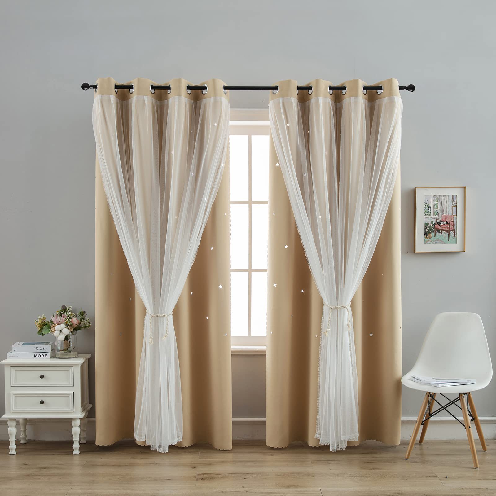 double layer curtains hollow star blackout rod punching short curtains_voghion.com
