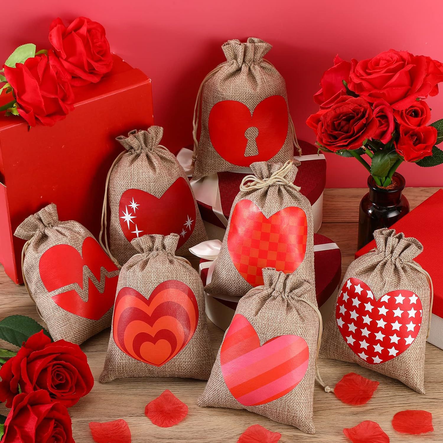 Bolsa de lazo de lino amor rojo Día de San Valentín boda caramelo regalo embalaje bolsa de cordón bolso de lazo al por mayor