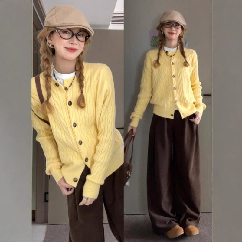 High-End Yellow Knitted Sweater Jacket for Women, Spring and Autumn 2026 New Style, Lazy Style Outerwear Cardigan, Short Top High-End Yellow Knitted Sweater Jacket for Women, Spring and Autumn 2026 New Style, Lazy Style Outerwear Cardigan, Short Top