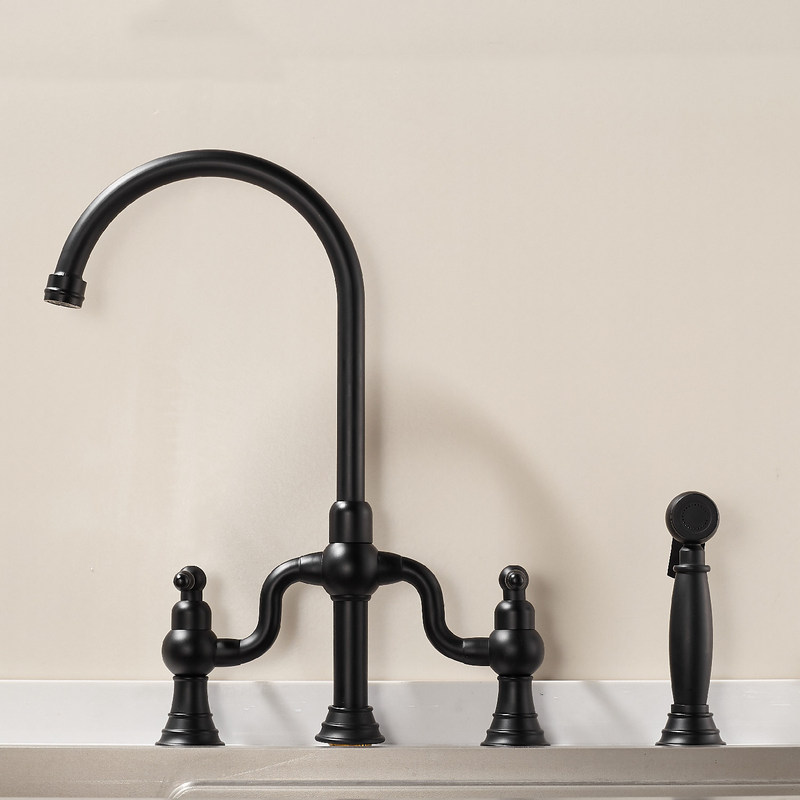 All-Copper American-Style Vintage Dual-Handle Bridge-Type Hot and Cold Water Faucet for Kitchen, Embedded in Ceramic Basin Sink with Spray Gun