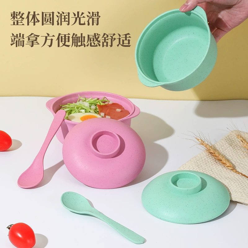 Миска с ложкой из пшеничной соломы, кастрюльная миска для лапши быстрого приготовления, миска с двумя ручками, для пельменей, набор пшеничных мисок, пластиковая рисовая миска