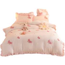 3ZBY夏季小清新ins床品四件套公主风粉色花边被套非纯棉全棉床单