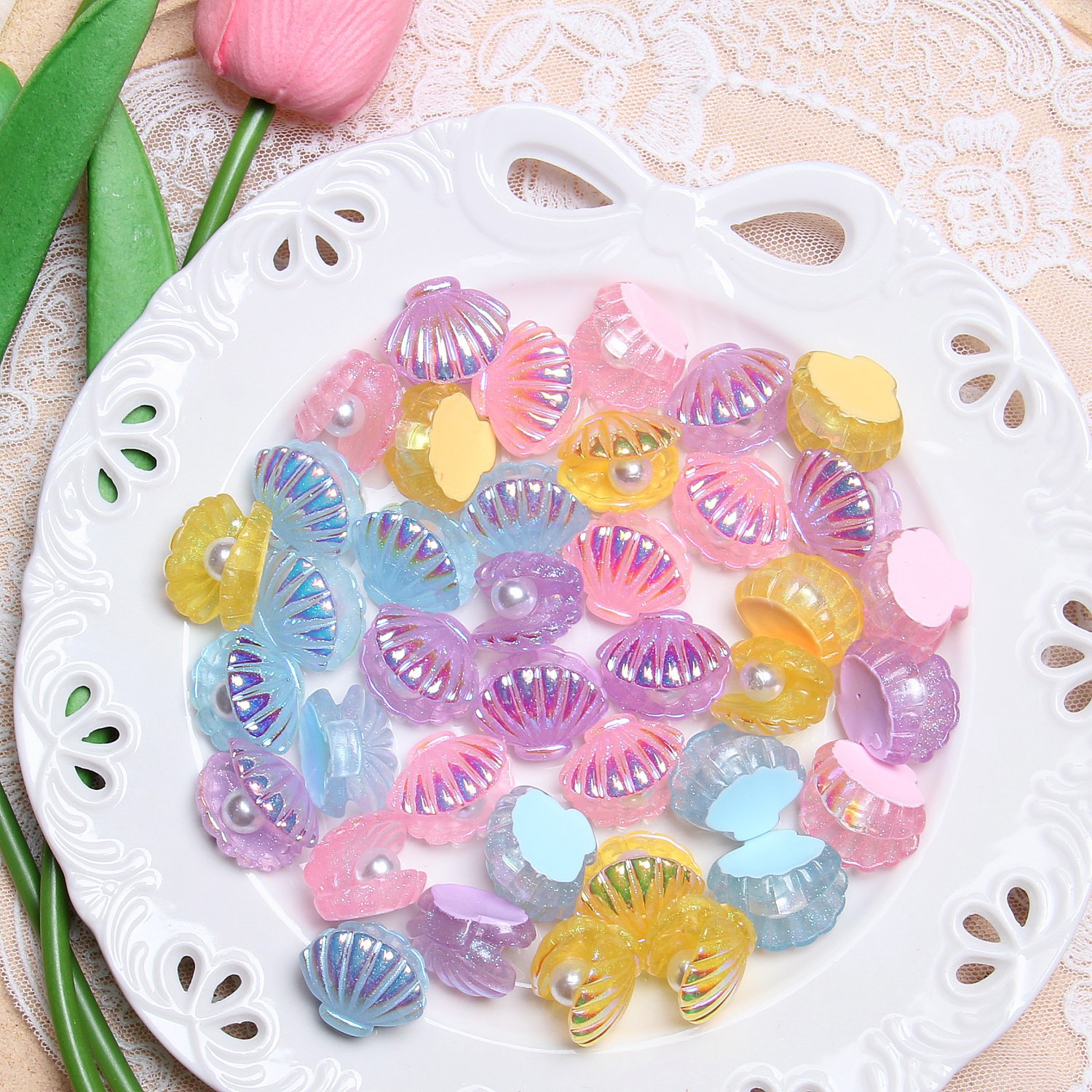 Resina simulación de color plateado tridimensional accesorios de concha de perlas DIY accesorios de pegamento de perlas hebilla de zapatos pulsera accesorios de la joyería