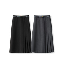 黑色毛呢百褶裙半身裙女秋冬2025新款韩版简约百搭修身a字长裙子