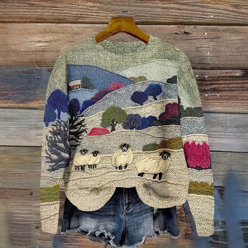 Cross-border foreign trade spring and autumn vintage painting art casual 3D printed chunky ribbed pullover sweatshirt for men and women independent station
