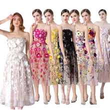 法式跨境女装连衣裙夏季重工立体花朵刺绣收腰显瘦抹胸礼服长裙子