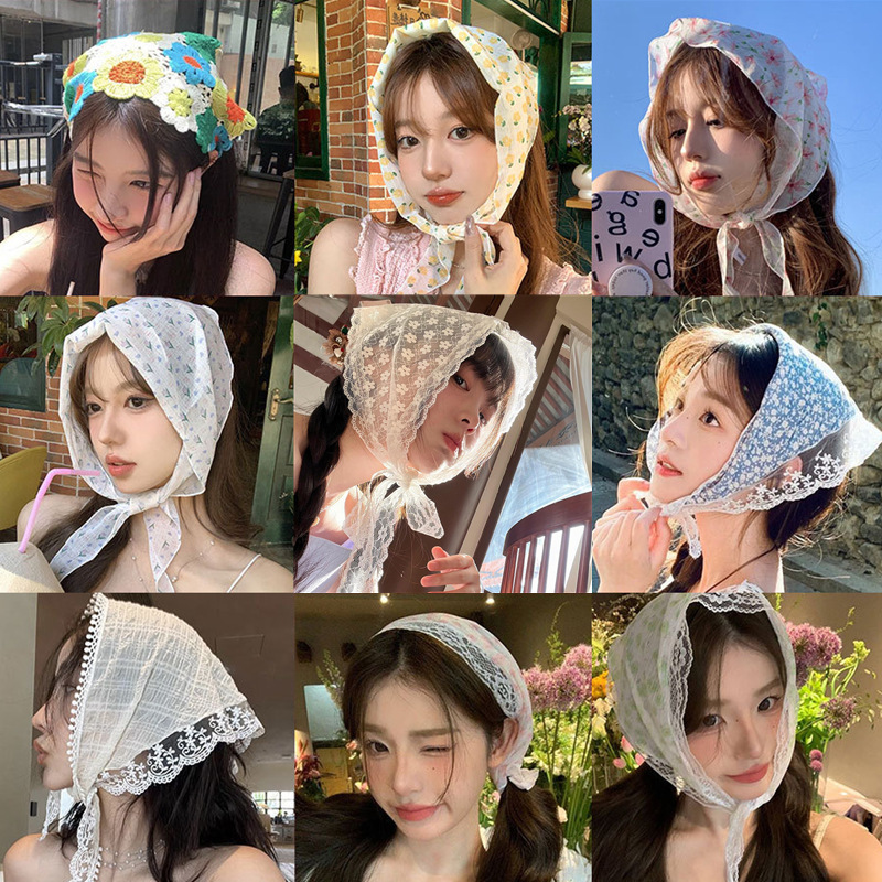 Lace Triangle Scarf Women's Thin Summer French Scarf Turbo Scarf Retro Decorative Pastoral Style Photo Spring Lace Triangle Scarf Women's Thin Summer French Scarf Turbo Scarf Retro Decorative Pastoral Style Photo Spring