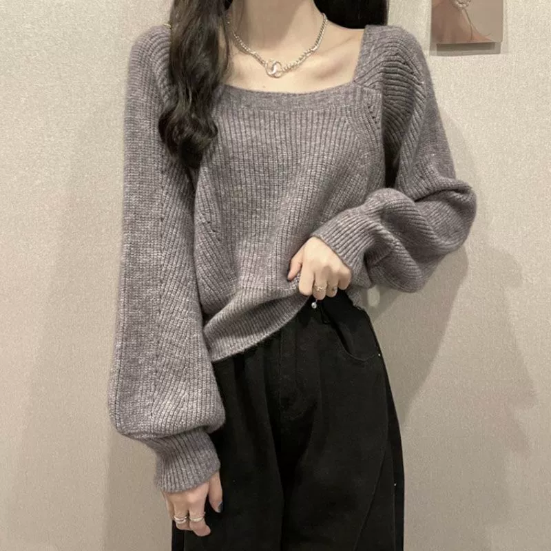 European Station Новый нижний свитер-Топ женский смысл Маленький рукав-фонарь дырявый ключица свитер основная пряжа