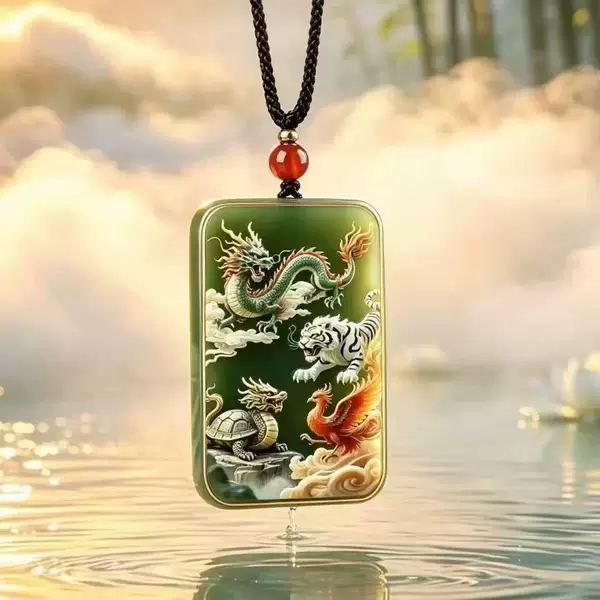 New fortune-attracting necklace featuring the four mythical beasts, Guanyin, Guan Gong, and the God of Wealth, glass pendant, gift for elders, jewelry wholesale