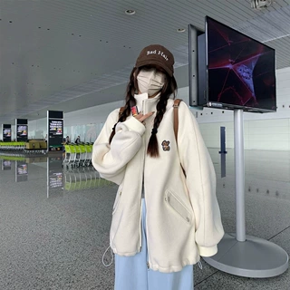 小熊摇粒绒外套2026秋冬新款韩系慵懒风宽松休闲显瘦长袖上衣杏色