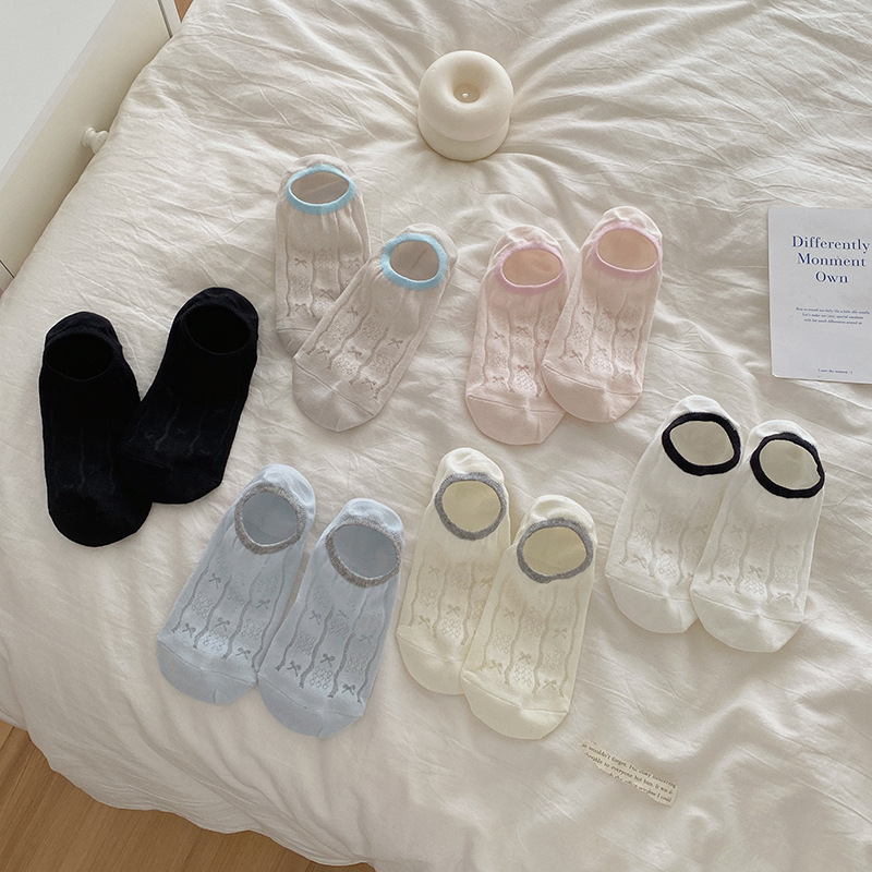 Bow-Knot Cut Out Mesh Breathable Boat Socks for Women Spring and Summer Thin Ins Korean Style Invisible Socks for Women Anti-Slip Socks