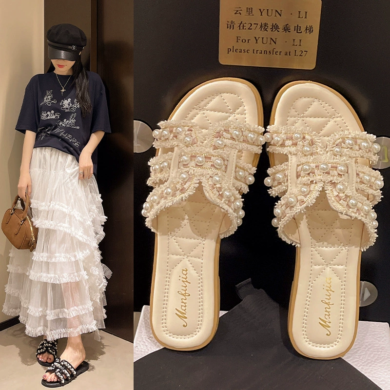 Xiaoxiangfeng мягкое дно прохладный жемчуг 2025 новый сказочный плоский фон тапочки женские наружные носить дикие летние пляжные холодные тапочки