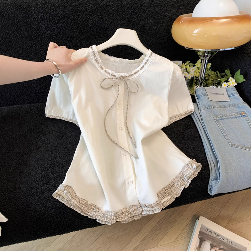 Lace Short-Sleeved Shirt for Women in Summer, Slimming French Style Tie-Up Blouse with Bow