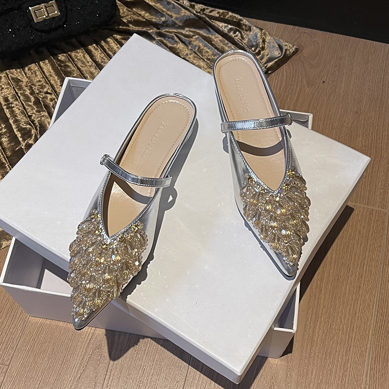 2026 New Style Rhinestone Closed-Toe Slippers for Women, Summer Outdoor Wear, Height-Increasing Pointed-Toe Mules, Large Size Women's Shoes 41 to 43