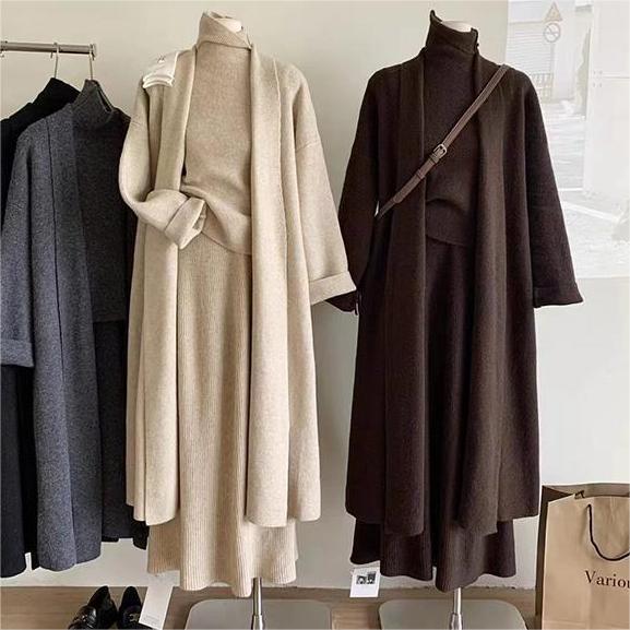Fashion foreign trade women's European and American sweater three-piece women's autumn and winter new slim loose sweater cardigan skirt set