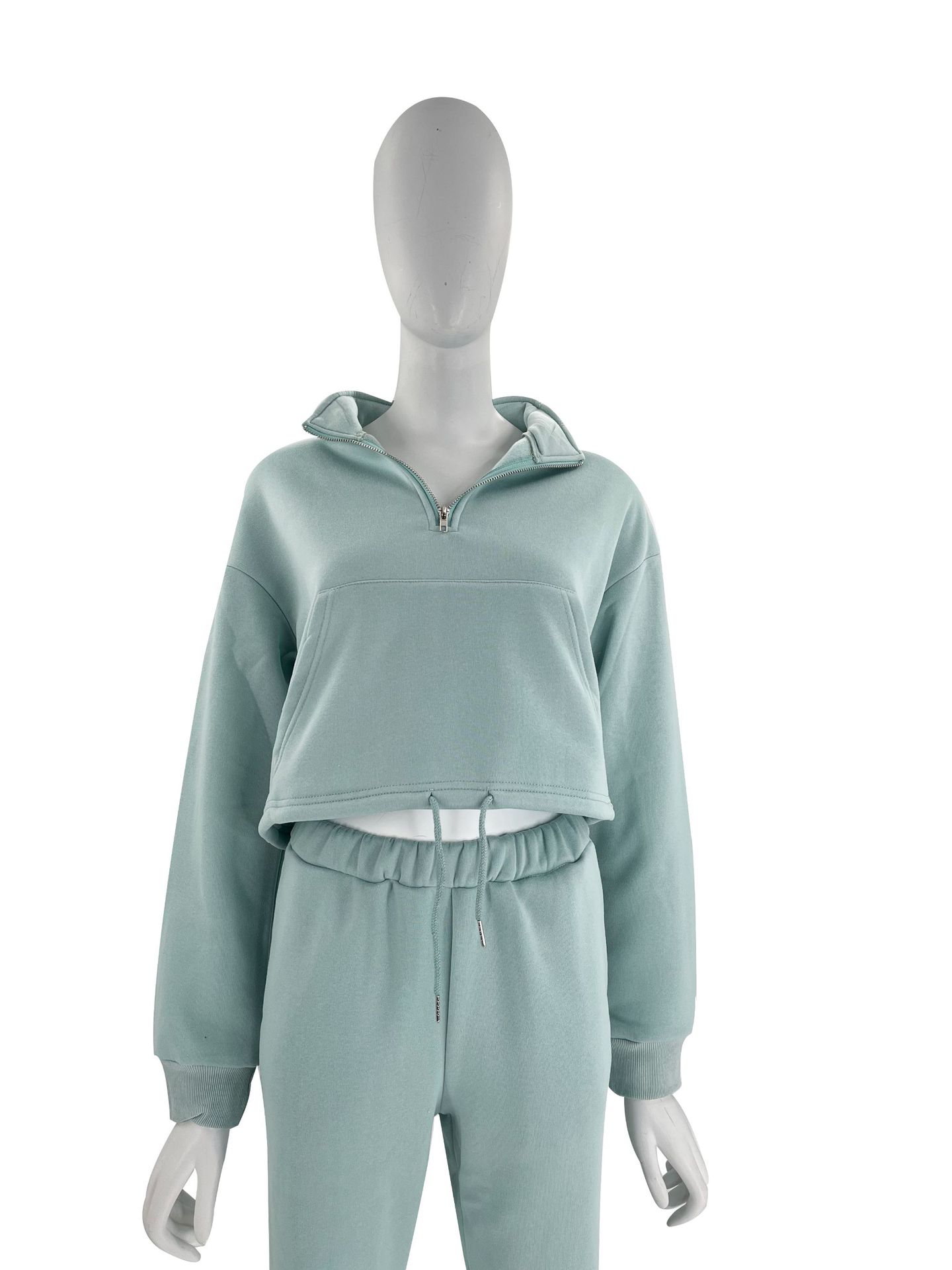 Women's Clothing 2024 autumn and winter solid color stand up collar zipper drawstring navel baring plus velvet sweatshirt casual sweatpants suit_voghion.com