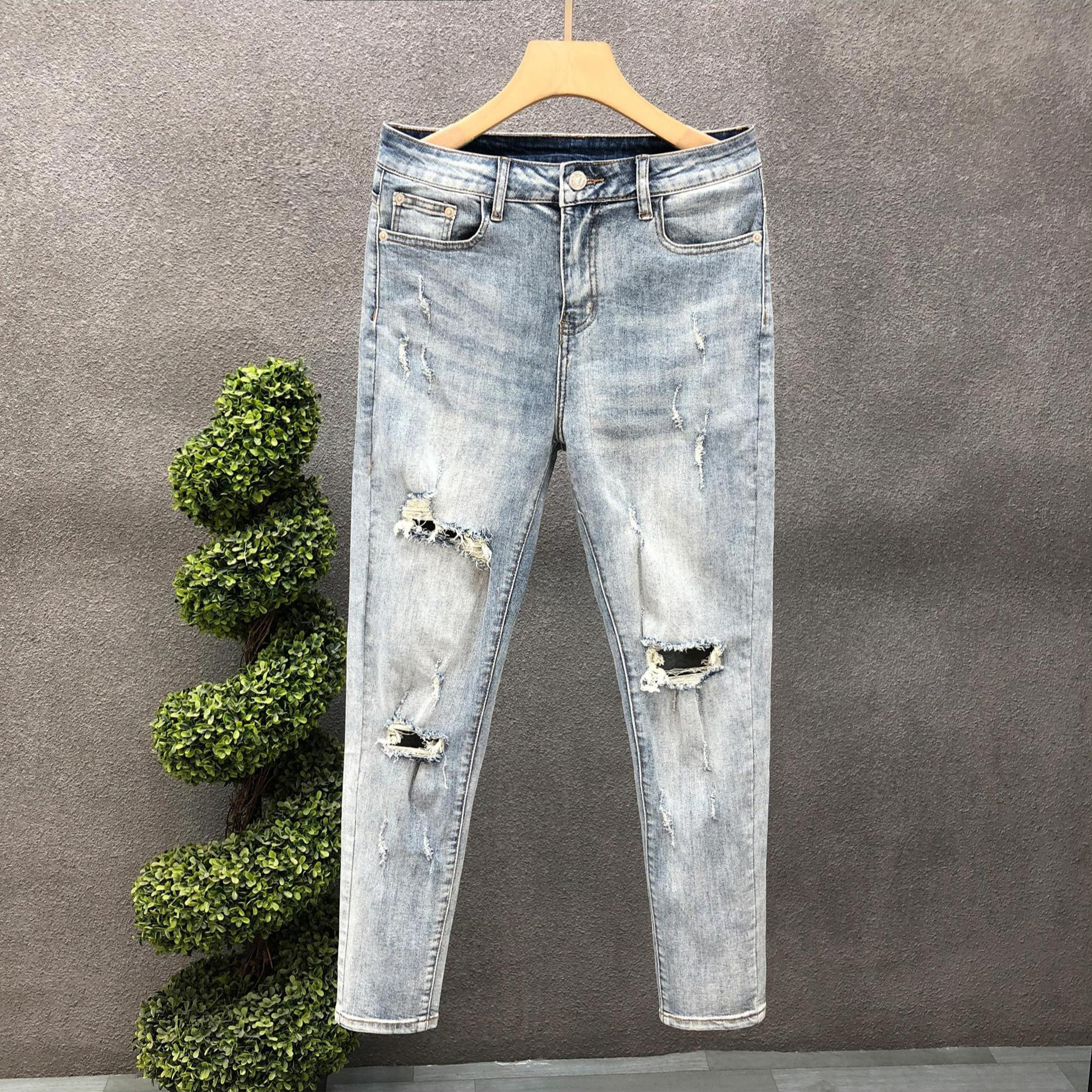 Ripped Slim-Fit Jeans Men's Summer Washed Blue Cropped Pants Men's Trendy Brand Trendy Puppies Handsome Skinny Pants