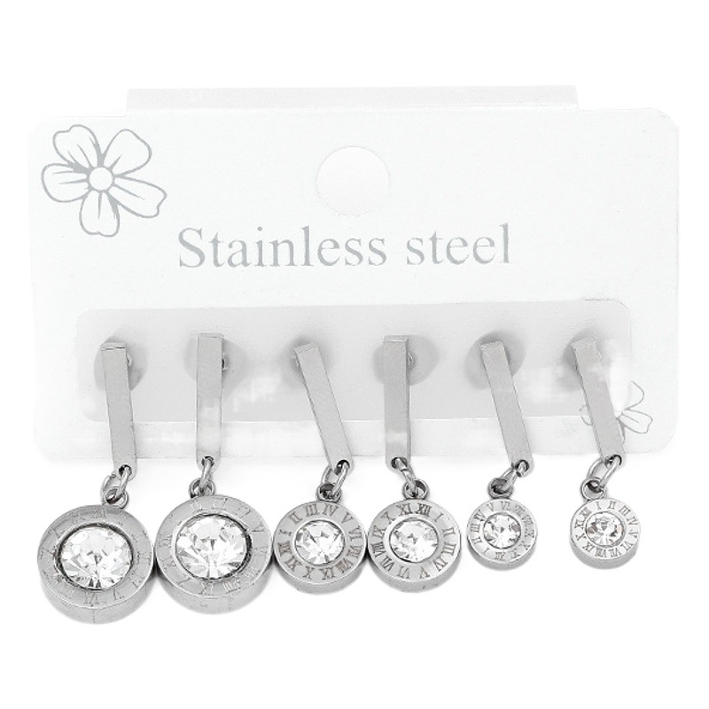 Pendientes de Venta caliente transfronteriza joyería de acero inoxidable clásico simple romana digital diamante incrustado hebilla de La Oreja tres tamaños conjunto