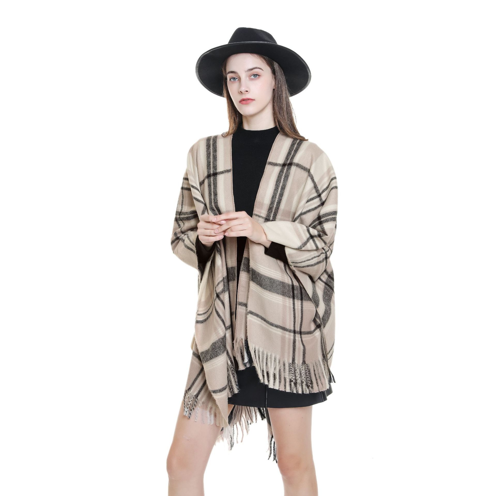 Otoño e Invierno cálido Plaid estilo británico de las mujeres borla moda split 2022 nuevo chal