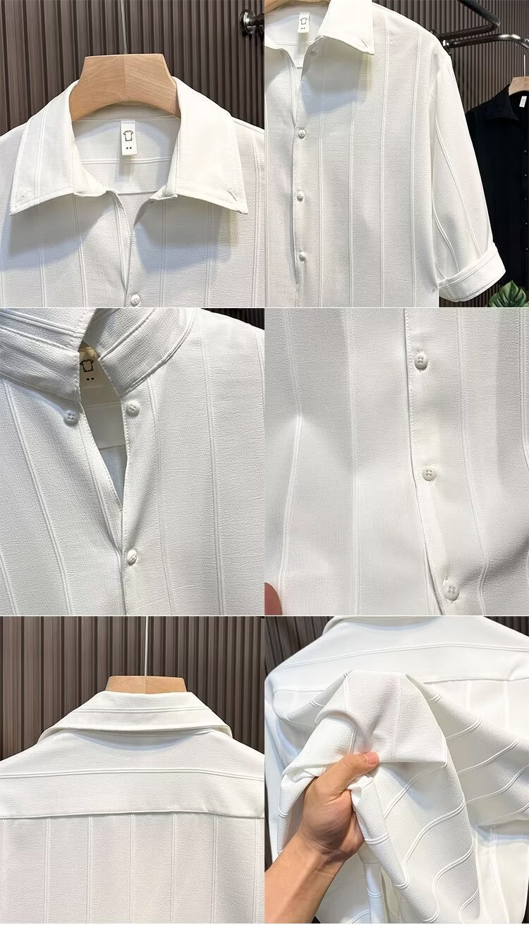 Camicia uomo a maniche corte a righe in misto seta casual_voghion.com