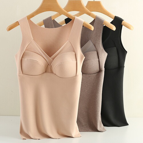 3893# Autumn/Winter New V-neck Fleece Warm Women's Top One-piece with Breast Pad Fleece Warm Women's Back Vest