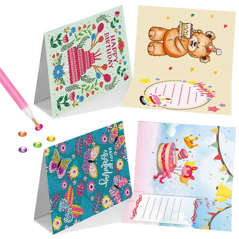 Nueva tarjeta de felicitación de pintura de diamantes bricolaje regalo de cumpleaños creativo conjunto de deseos dibujos animados material hecho a mano pegatinas en stock
