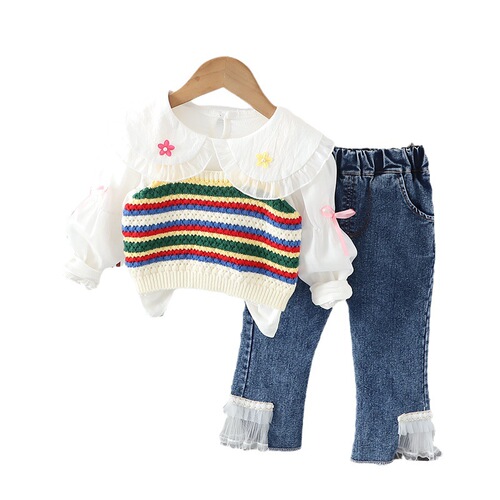 Fashionable Autumn Children's Clothing Girls Suit Spring Autumn New Fashionable Baby Girl Striped Vest Long Sleeve Three-piece Set on behalf of