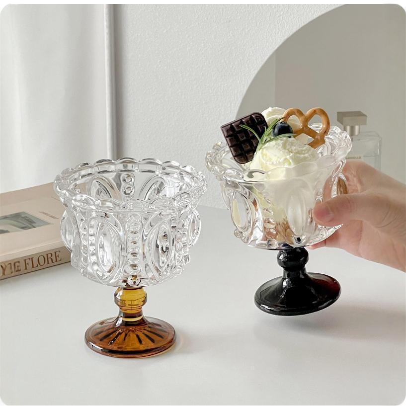 Retro en relieve marrón tazas de vidrio de patas altas tazas de helado tazas de yogur tazas de postre tazas de café creativas medieval al por mayor