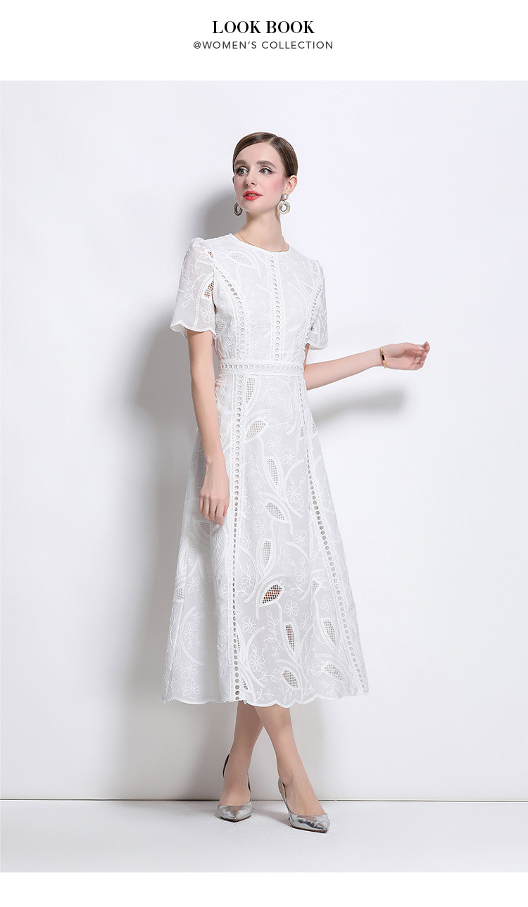 Đầm maxi nữ thắt eo cổ điển Pháp ren thêu họa tiết tay ngắn — màu đen, xanh nhạt, màu hồng, Xanh da trời nhạtcolor chi tiết 19
