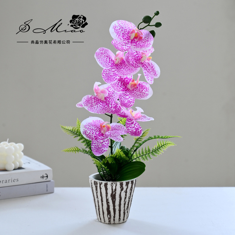 8 flores 3 hojas se sienten Phalaenopsis bonsai flor artificial de gama alta sala de estar decoración floral artificial en maceta flor artificial image 6