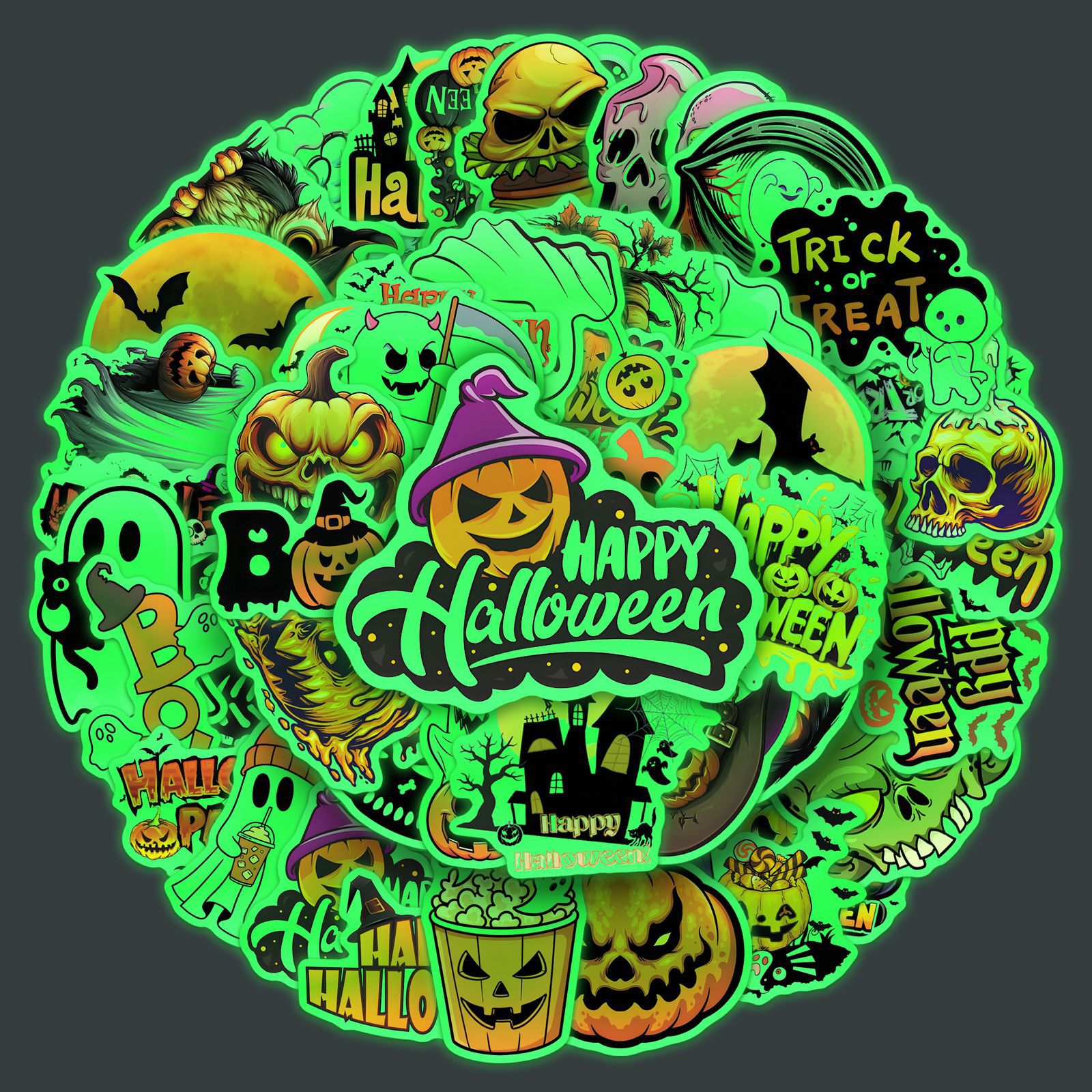 50张夜光发光万圣节卡通贴纸荧光节日南瓜头装饰幽灵手机咕卡贴纸