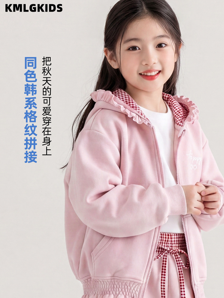 工厂批发儿童连帽外套春秋女童休闲拉链带帽卫衣花边系短开衫上衣