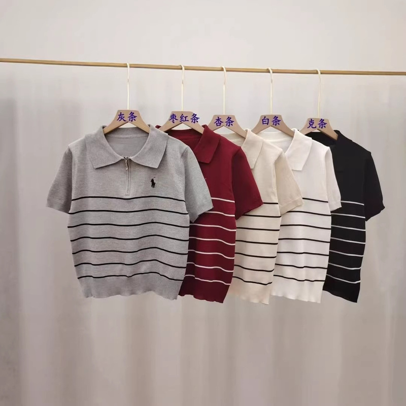 Simple and Comfortable New Style Knitted Short-Sleeved Half-Zip Striped Polo Collar College-Style Casual Slim-Fit Outerwear Top for Women