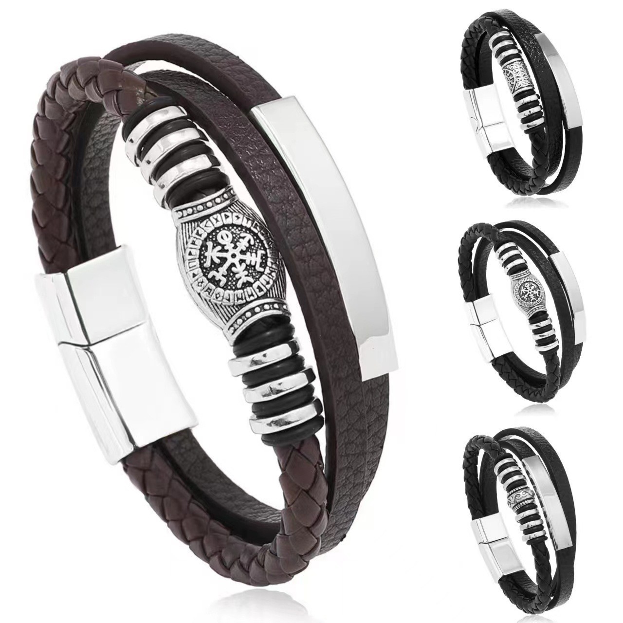 New Viking Retro Totem Leather Rope Bracelet Multi-layer Braided Leather Bracelet Ethnic Style Magnetic Men's Bracelet