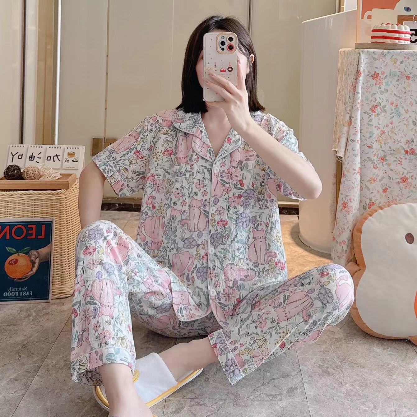 Pajamas de espuma tejidos de verano de algodón pantalones largos de mangas cortas ropa para el hogar de verano delgada de algodón conjunto de dos piezas