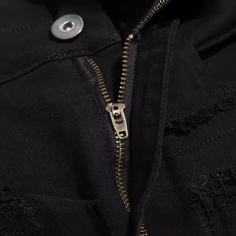 Men's Clothing High Street Fashion Brand Washed Distressed Ripped Black Zipper Black Cow Patchwork Jeans_voghion.com