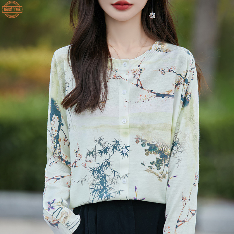 春秋薄款精纺羊毛针织开衫女圆领涂鸦复古文艺范长袖打底上衣外套
