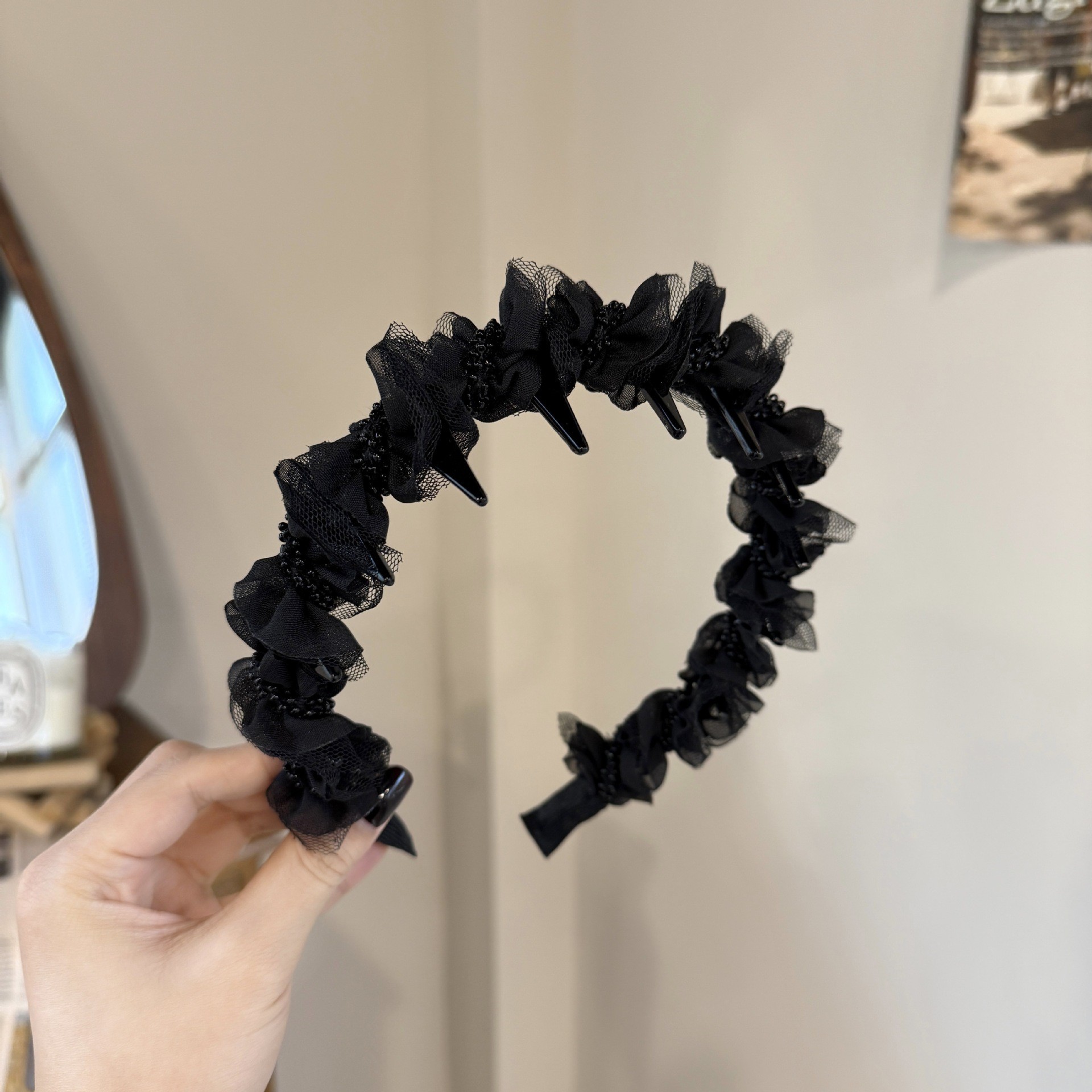 Black - lace beaded headband