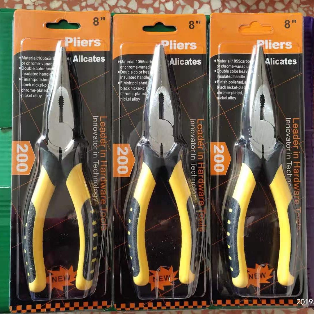 [Pequeña venta al por mayor] alicates de alambre de acero de corte de 8 pulgadas de acero al carbono forjado mango de cuero de tigre alicates puntiagudos americanos de acero de alto carbono forjado