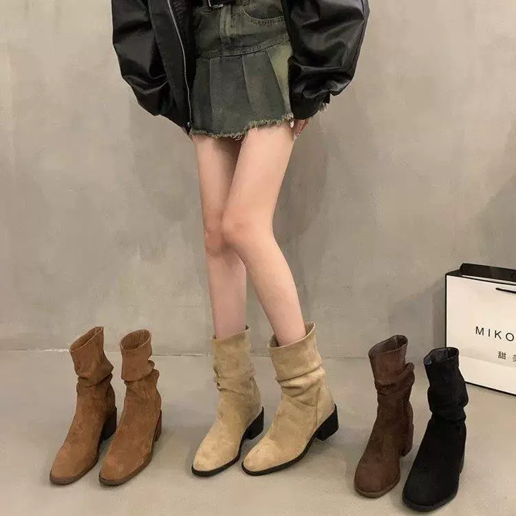 Мошеневые складки сложенные сапоги женские новые ретро квадратные головы толстые каблуки короткие западные ковбойские сапоги прилив тонкий рыцарь